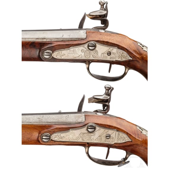 A pair of silver-mounted flintlock pistols, Wittemann in Gie&szlig;en, circa 1750