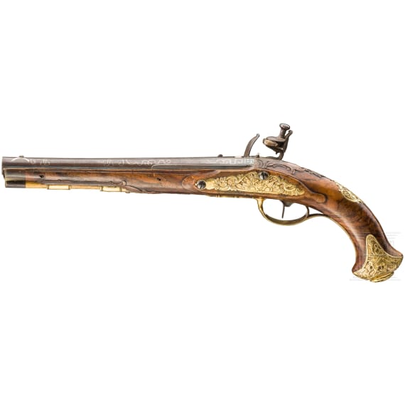 Silbereingelegte und geschnittene Steinschlosspistole, Morgenstern, Ellingen/Bayern, um 1760