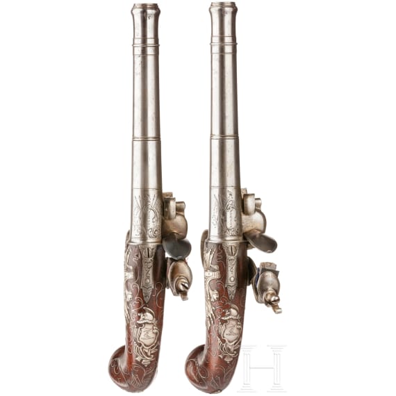 A pair of British Queen Anne flintlock pistols, Wilson (London), circa 1760