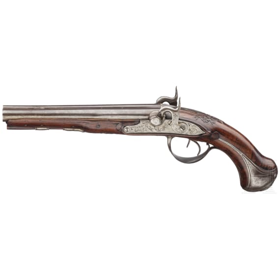 A French double-barrelled percussion pistol, circa 1780