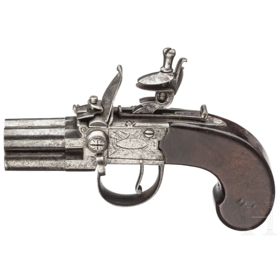 An English four-barreled box-lock pistol, circa 1800