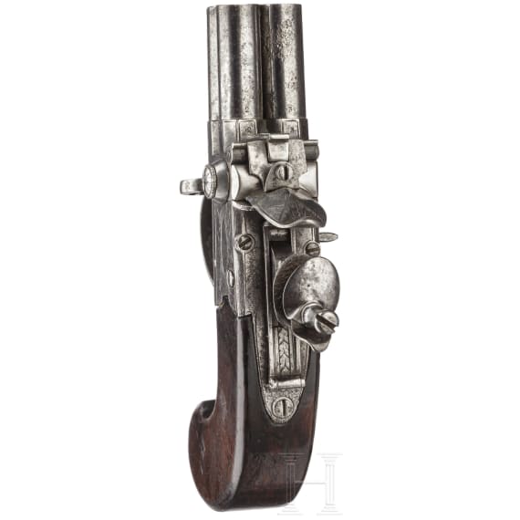 An English four-barreled box-lock pistol, circa 1800