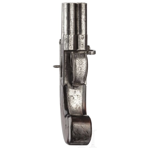 An English four-barreled box-lock pistol, circa 1800