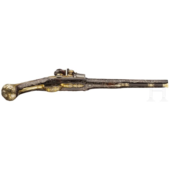 An Ottoman gold-damascened flintlock pistol (Kubur), circa 1800