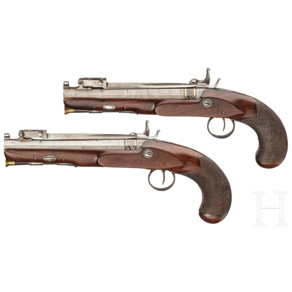 A pair of percussion pistols with spring-loaded bayonets, Antonio Vianna, Porto, circa 1820