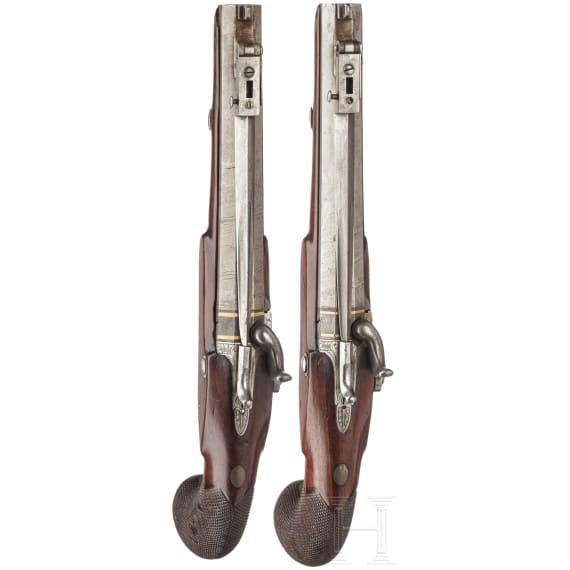 A pair of percussion pistols with spring-loaded bayonets, Antonio Vianna, Porto, circa 1820