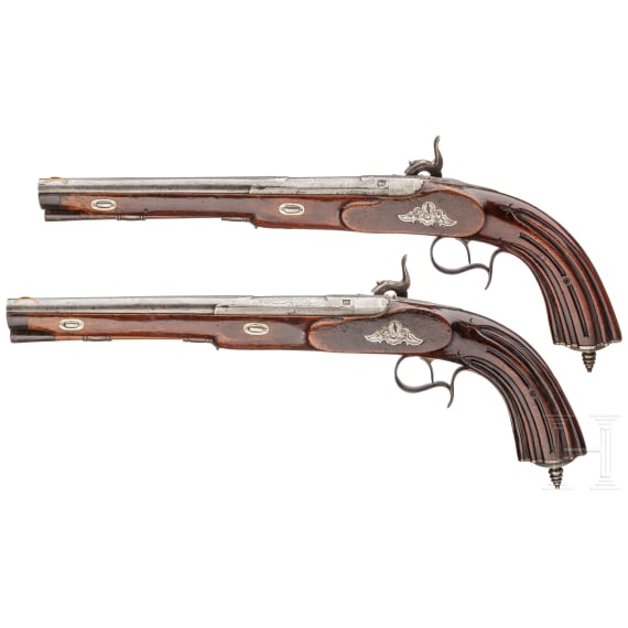 Ein Paar lange Scheibenpistolen mit L&auml;ufen von Johann Jacob Kuchenreuter, J. W. Klattenberg, Dorpat (Estland), um 1850