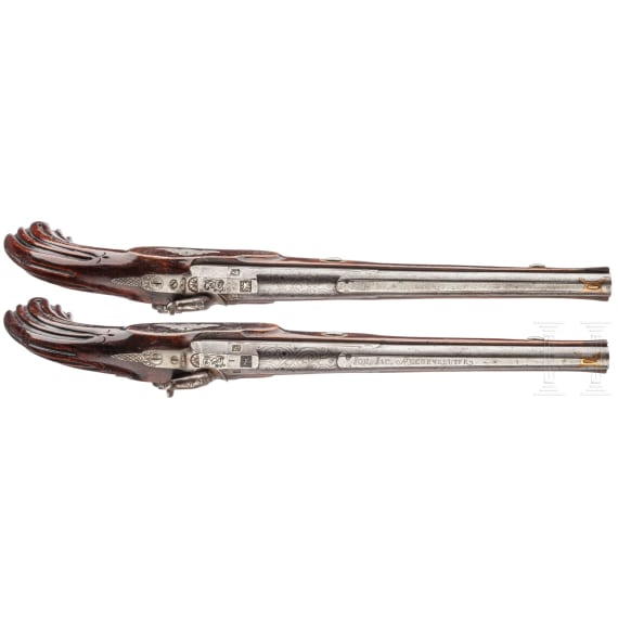 Ein Paar lange Scheibenpistolen mit L&auml;ufen von Johann Jacob Kuchenreuter, J. W. Klattenberg, Dorpat (Estland), um 1850