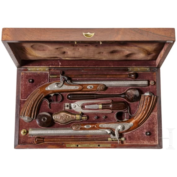 A pair of cased percussion pistols, Li&egrave;ge, circa 1850