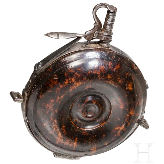 A turned wooden powder flask, German, ca. 1620