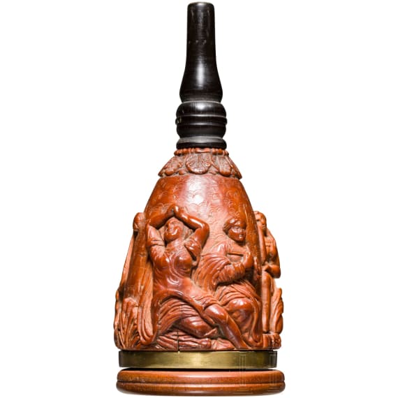 A carved boxwood priming flask, German, ca. 1700