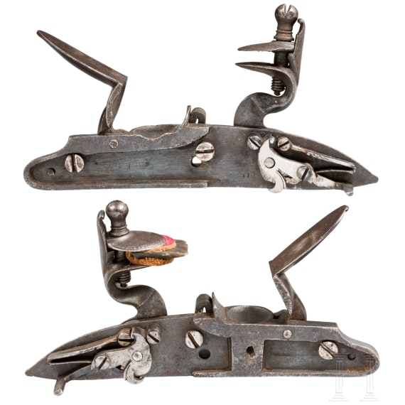 A pair of flintlock mechanisms by Benajmin Griffith for an over-and-under pistols, London, circa 1760