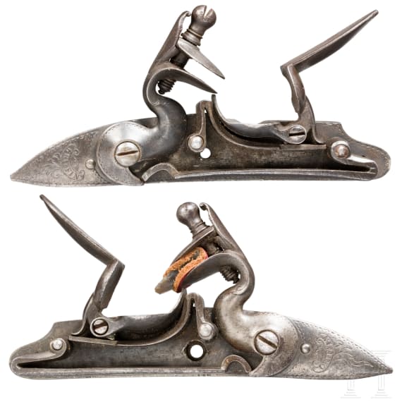 A pair of flintlock mechanisms by Benajmin Griffith for an over-and-under pistols, London, circa 1760
