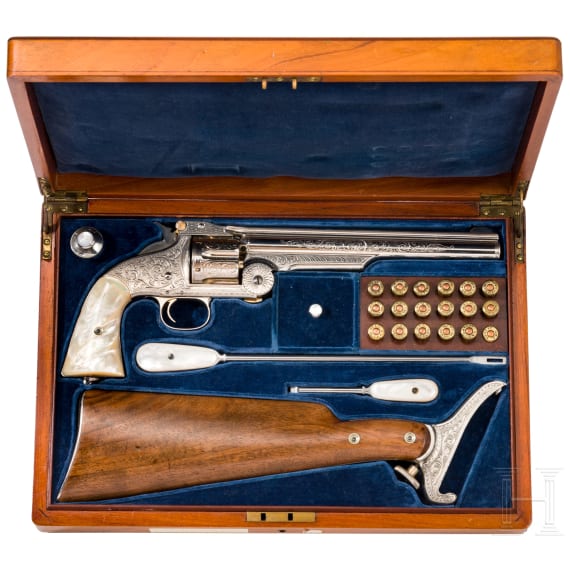 A cased deluxe Model 3 Russian First Model with engraved nickel finish