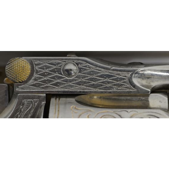 A cased deluxe Model 3 Russian First Model with engraved nickel finish