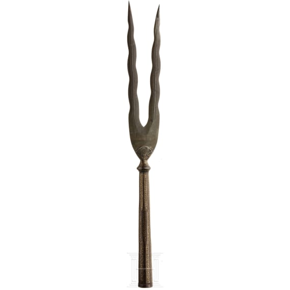 A Persian forked spear made from Wootz steel, 19th century