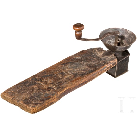 A small iron coffe or spice mill, Alpine region, dated 1874
