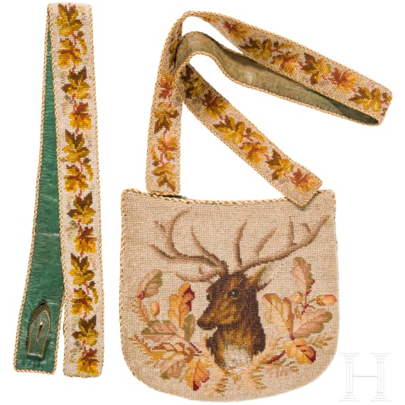 A hunting bag and rifle strap with pearl embroidery, German, mid-19th century