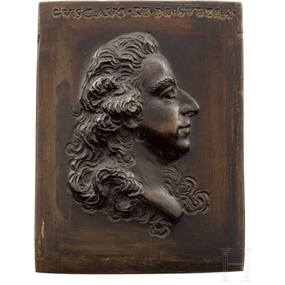 An Italian bronze plaque, showing the head of King Karl X. Gustav of Sweden, circa 1650