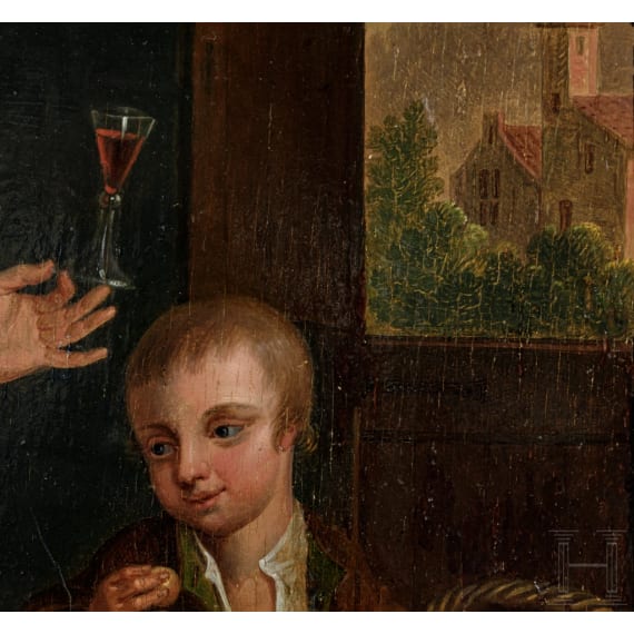 A German New Master painting with lady, boy and dog at window, circa 1800