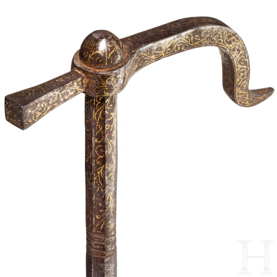 A gold damascened Persian war hammer, 19th century