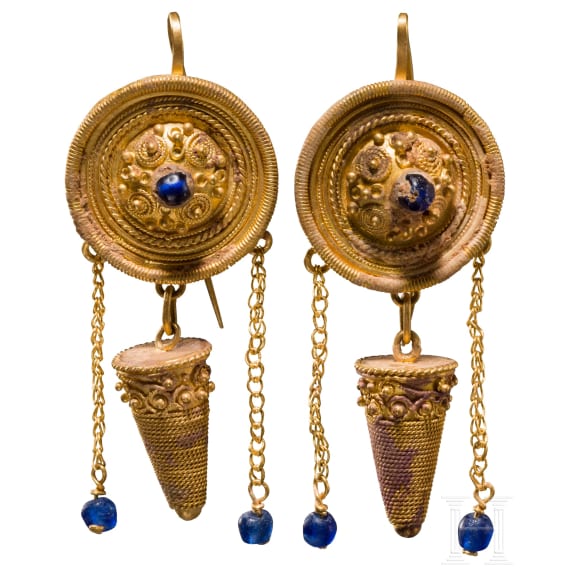 Ein Paar reich verzierte schwere Goldohrringe, hellenistisch, 2. Hälfte 4. - 2. Jhdt. v. Chr.
