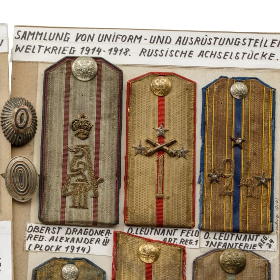 A group of Russian shoulder pieces from the Russian regiments involved in the Battle of Tannenberg in 1914, circa 1910