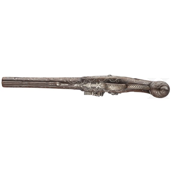 Silbereingelegte Steinschlosspistole, balkantürkisch, 1. Hälfte 19. Jhdt.