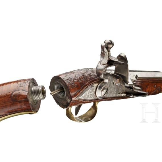 A rare pair of air pistols, designed to resemble a flintlock, Friedrich Jacob Bosler of Darmstadt, circa 1740/50