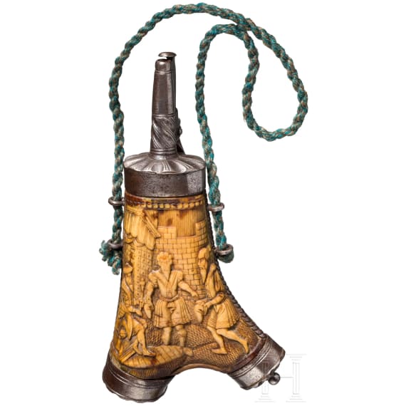 A carved German antler-fork powder flask, circa 1580