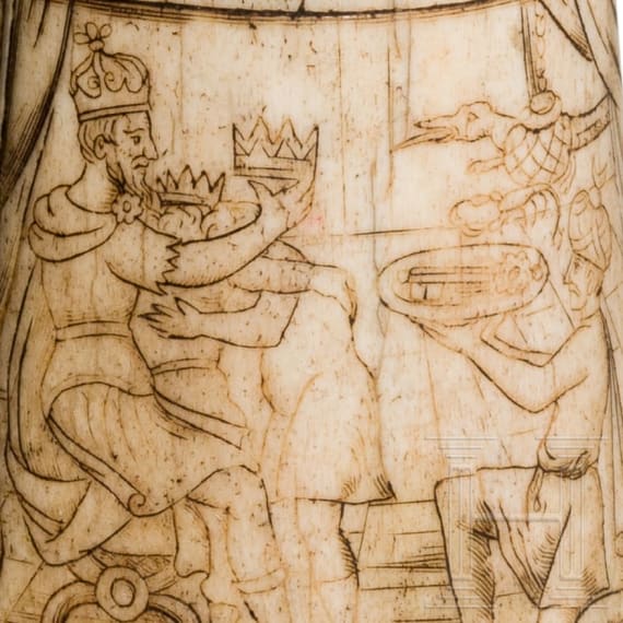 Feine Pulverflasche aus Kuhbein, Historismus im Stil der Renaissance um 1580, Italien, 19. Jhdt.