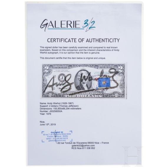 Andy Warhol - Zwei-Dollar Schein, handsigniert und gestempelt, USA, 1976