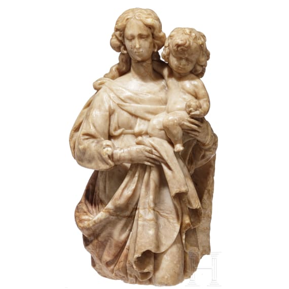 Madonnenfigur mit Jesuskind, Alabaster, fl&auml;misch, 16./17, Jhdt.