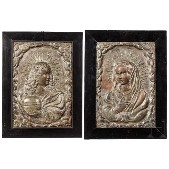 Zwei versilberte Reliefs, Jesus und Maria, s&uuml;ddeutsch, um 1700