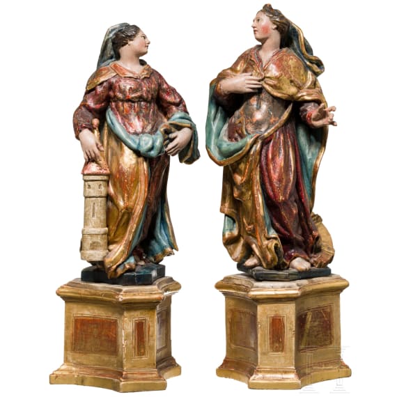 Ein Paar Heiligenfiguren, Katharina und Barbara, s&uuml;ddeutsch, Mitte 18. Jhdt.