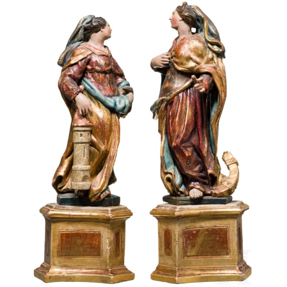 Ein Paar Heiligenfiguren, Katharina und Barbara, s&uuml;ddeutsch, Mitte 18. Jhdt.