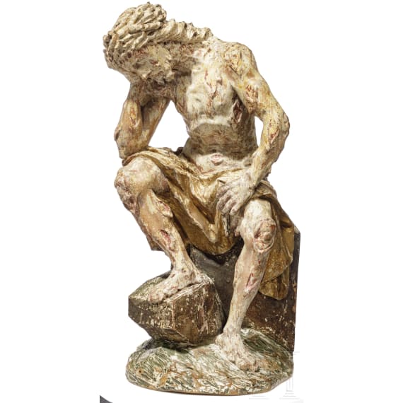 Holzfigur des ersch&ouml;pften Christus nach der Gei&szlig;elung, s&uuml;ddeutsch, 18. Jhdt.