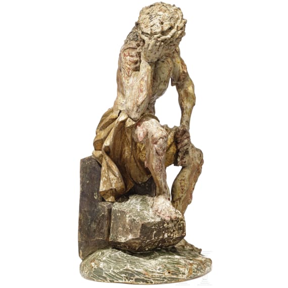 Holzfigur des ersch&ouml;pften Christus nach der Gei&szlig;elung, s&uuml;ddeutsch, 18. Jhdt.