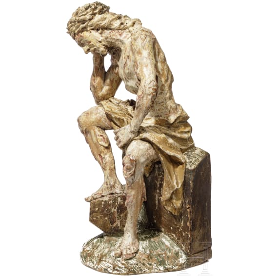 Holzfigur des ersch&ouml;pften Christus nach der Gei&szlig;elung, s&uuml;ddeutsch, 18. Jhdt.