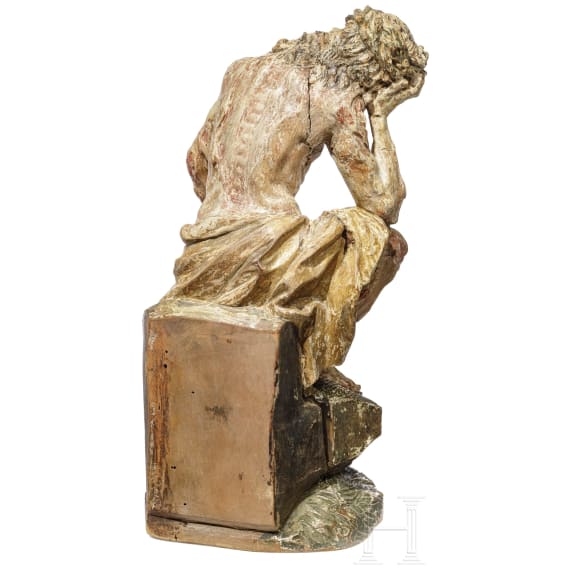 Holzfigur des ersch&ouml;pften Christus nach der Gei&szlig;elung, s&uuml;ddeutsch, 18. Jhdt.