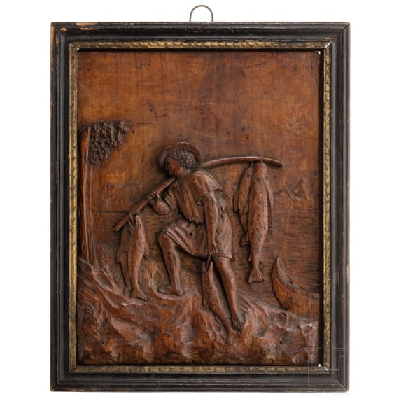 Geschnitztes Relief eines Fischers mit seinem Fang, deutsch, Ende 18. Jhdt.