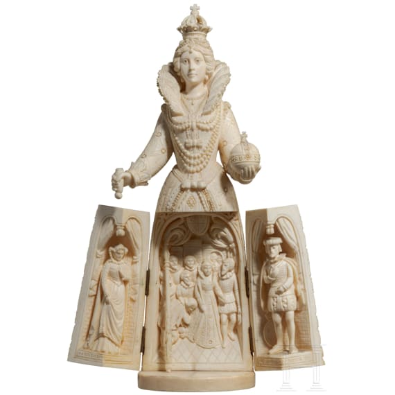 Elfenbein-Triptychon in Form von Queen Mary von Schottland, Dieppe, 2. H&auml;lfte 19. Jhdt.