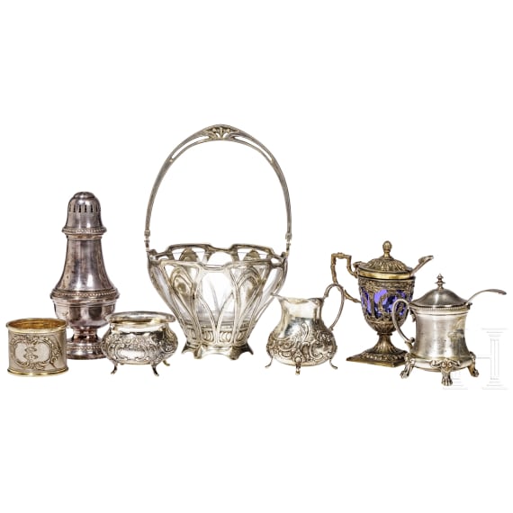 Sechs Silberobjekte f&uuml;r eine Tee-/Kaffetafel, deutsch, um 1900