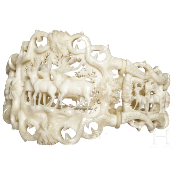 Jagdliches Elfenbein-Armband mit Mikroschnitzerei, Erbach, Umkreis Ernst Kehrer, um 1840/50
