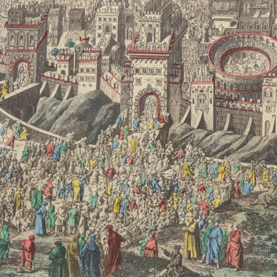 Johann Daniel Herz - Gesamtpanorama der Stadt Jerusalem, kolorierter Kupferstich, 1735