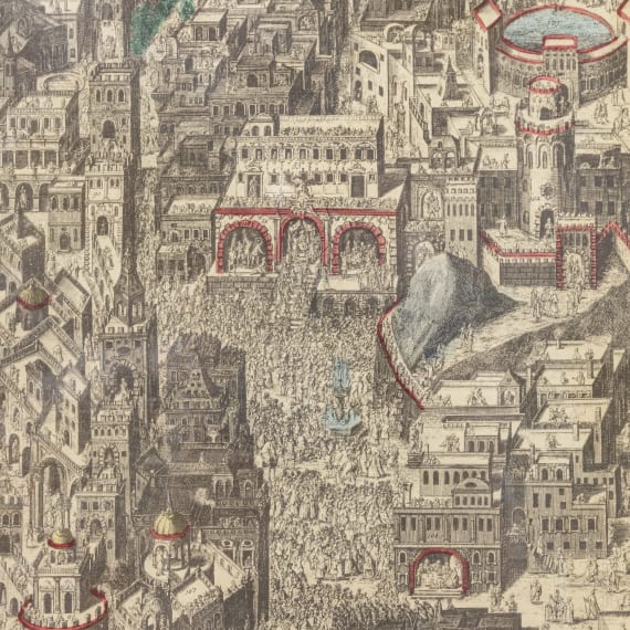 Johann Daniel Herz - Gesamtpanorama der Stadt Jerusalem, kolorierter Kupferstich, 1735