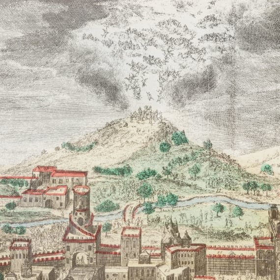 Johann Daniel Herz - Gesamtpanorama der Stadt Jerusalem, kolorierter Kupferstich, 1735