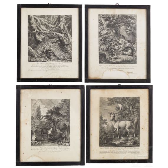 Vier jagdliche Stiche, Johann Elias Ridinger, Augsburg, um 1760