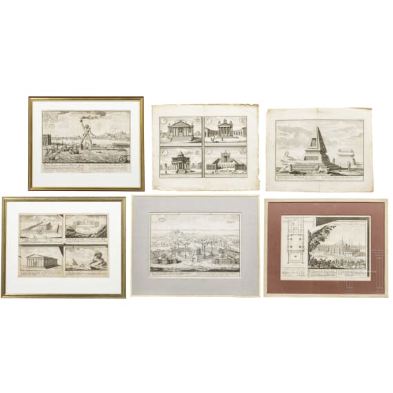 Sechs Kupferstiche mit architektonischen Sehensw&uuml;rdigkeiten, deutsch und Frankreich, 18. Jhdt.