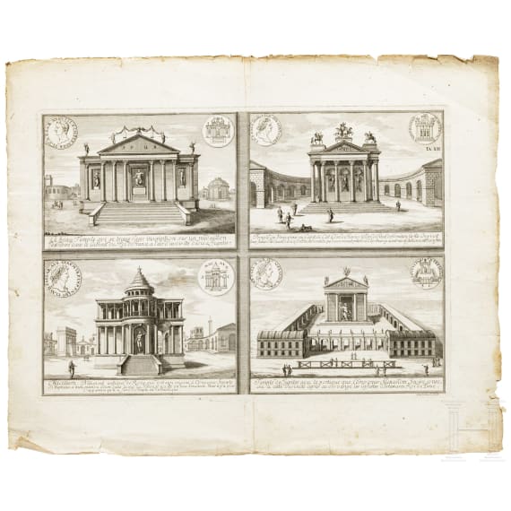 Sechs Kupferstiche mit architektonischen Sehensw&uuml;rdigkeiten, deutsch und Frankreich, 18. Jhdt.